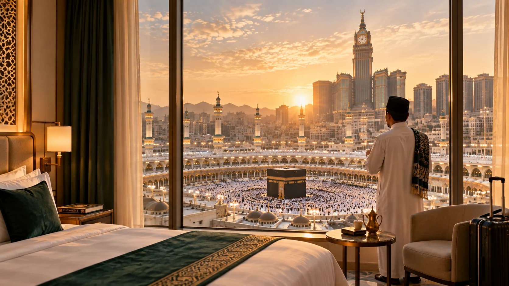 Visualisasi AI perjalanan umrah untuk Demo — Ideal Umrah 12 Hari; bukan foto resmi paket